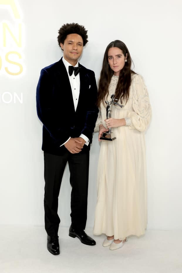 Trevor Noah and Menswear Designer of the Year Emily Bode Aujla<p>Photo: Dimitrios Kambouris/Getty Images</p>