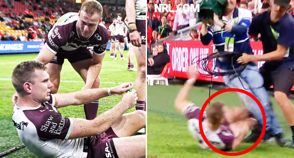 Pictured right, Manly star Tom Trbojevic crashes into an NRL cameraman.