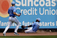 Tampa Bay Rays outfielders Manuel Margot (13) and Austin Meadows (17) chase a ball hit for a triple by Minnesota Twins' Byron Buxton in the fourth inning of a spring training baseball game Wednesday, March 24, 2021, in Port Charlotte, Fla. (AP Photo/John Bazemore)