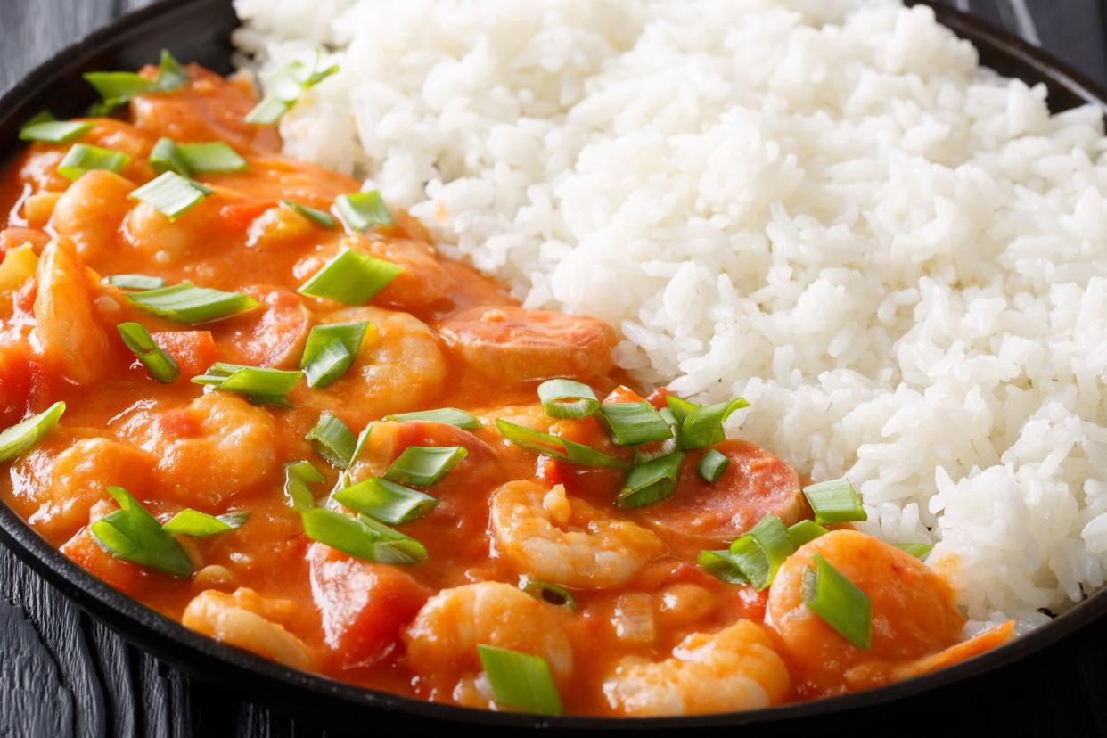 cajun shrimp in bowl with rice