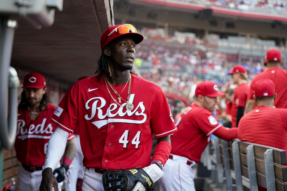 Cincinnati Reds' Elly De La Cruz walks in the dugout during the second inning of the team's baseball game against the Los Angeles Dodgers in Cincinnati, Wednesday, June 7, 2023. (AP Photo/Jeff Dean)