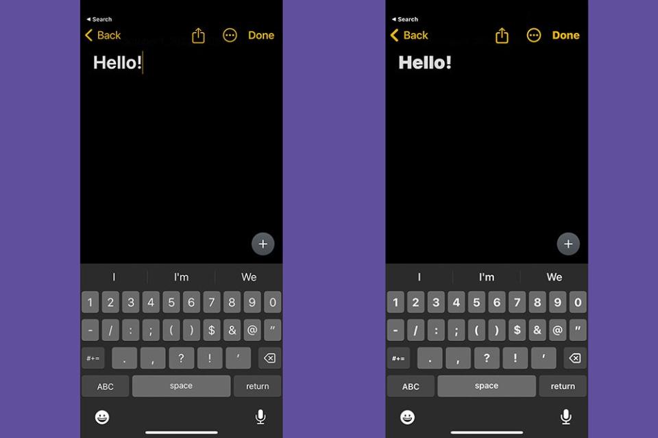 A side-by-side comparison of the iOS Notes app, with the left-hand example being normal, and the right-hand example featuring bold font.