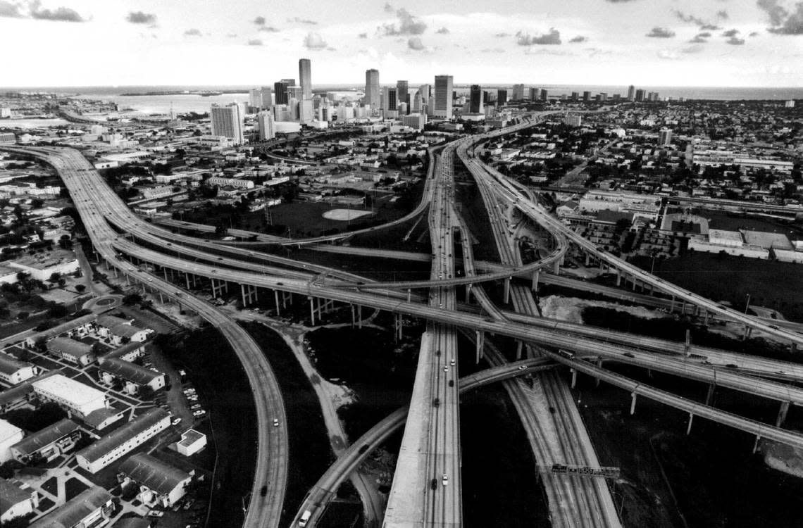 The spaghetti of roads at Interstate 95 at I-395 near Overtown and downtown Miami in 1993.