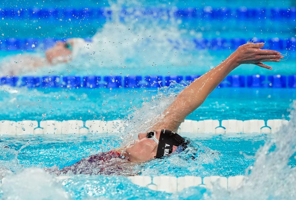 American Alex Walsh swims th backstroke leg in the women’s 200-meter individual medley during the 2024 Paris Olympics.