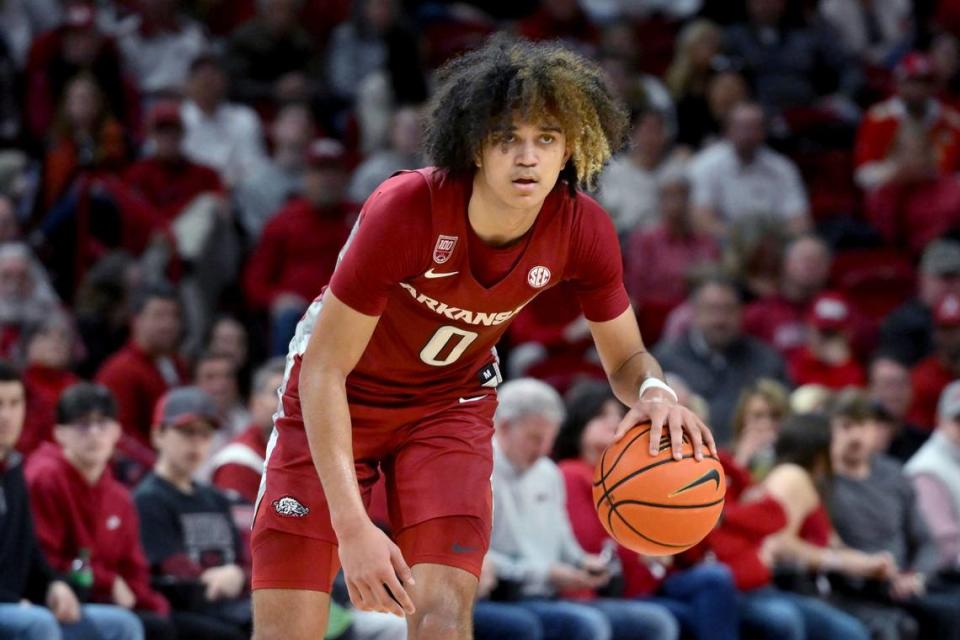 Arkansas freshman standout Anthony Black (0) leads the Razorbacks in assists (93) and steals (40) and is averaging 12.5 points and 5.3 rebounds a game.