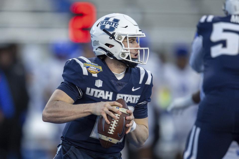 Utah State quarterback McCae Hillstead looks downfield against Georgia State Saturday, Dec. 23, 2023, in Boise, Idaho. Hillstead showed promise during the 2023 campaign. | Steve Conner, Associated Press