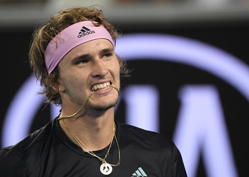 Germany's Alexander Zverev reacts during his second round match against France's Jeremy Chardy at the Australian Open tennis championships in Melbourne, Australia, Thursday, Jan. 17, 2019. (AP Photo/Andy Brownbill)