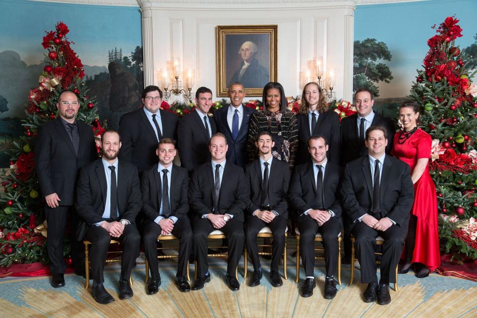 Mike Boxer (back row, second from the right) and fellow members of Jewish a cappella group Six13 with the Obamas in 2016.