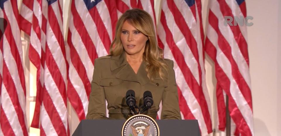 First lady Melania Trump speaks from the Rose Garden at the White House during the Republican National Convention in Washington, D.C., on Aug. 25, 2020.