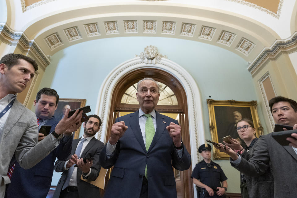 Senate Majority Leader Chuck Schumer of N.Y., speaks with reporters at the Capitol in Washington, Thursday, June 24, 2021. A bipartisan group of lawmakers have negotiated a plan to pay for an estimated $1 trillion compromise plan. (AP Photo/Alex Brandon)