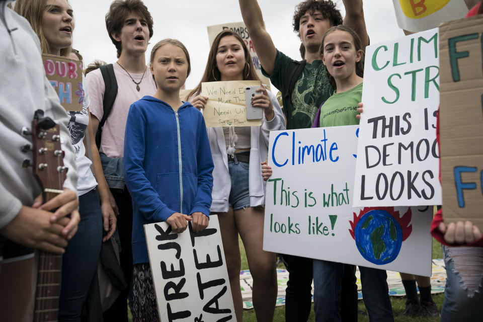 WASHINGTON, DC - SEPTEMBER 13:  Teenage Swedish climate activist Greta Thunberg joins student environmental advocates during a strike to demand action be taken on climate change outside the White House on September 13, 2019 in Washington, DC. The strike is part of Thunberg's six day visit to Washington ahead of the Global Climate Strike scheduled for September 20. (Photo by Sarah Silbiger/Getty Images)