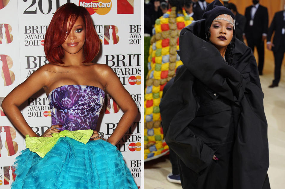 Rihanna posing on the red carpet at the 2011 Brit Awards, Rihanna posing at the 2021 Met Gala