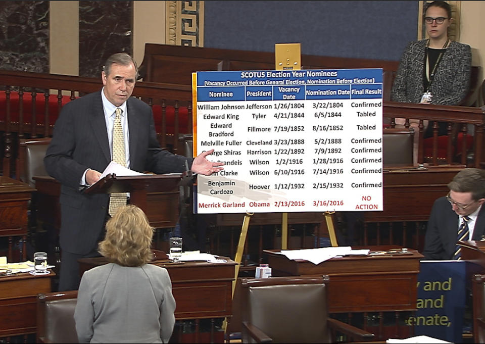 In this frame grab from video provided by Senate Television, Sen. Jeff Merkley, D-Ore. speaks on the floor of the Senate on Capitol Hill in Washington, Wednesday, April 5, 2017. Merkley held the Senate floor through the night and was still going in an attention-grabbing talk-a-thon highlighting his party’s opposition to President Donald Trump’s Supreme Court nominee, Neil Gorsuch. (Senate Television via AP)