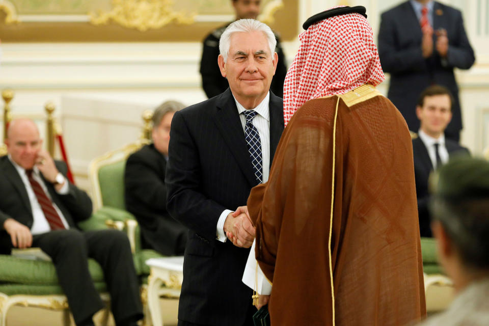 <p>Secretary of State Rex Tillerson (C) attends a signing ceremony between President Donald Trump and Saudi Arabia’s King Salman bin Abdulaziz Al Saud (not pictured) at the Royal Court in Riyadh, Saudi Arabia on May 20, 2017. (Photo: Jonathan Ernst/Reuters) </p>