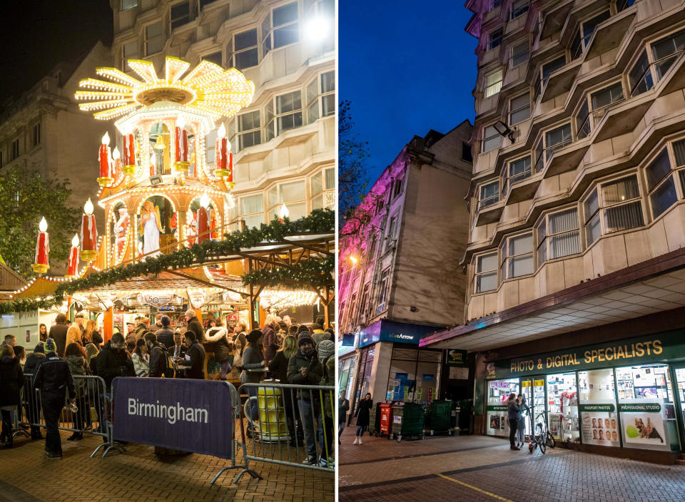 Composite picture showing the Christmas market on New Street, Birmingham, in years gone by (L) and the same scene pictured looking near deserted in 2020 (R).  See SWNS story SWMDxmas.  Eerie photographs show the deserted streets of British cities where Christmas markets would now be in full swing if they hadn't been cancelled due to coronavirus.  Disheartening images show the empty squares of Birmingham, Manchester, Edinburgh, Leeds and Bath compared to the thriving scenes of festive activity in years gone by.  Millions of visitors flock to the winter wonderlands to enjoy fairground rides and stalls selling handmade gifts, bratwurst, roasted chestnuts, mince pies and mulled wine.  But the Covid-19 pandemic has forced the attractions to be scrapped this year as comparison photos give a sobering look at what to expect for Christmas 2020.  