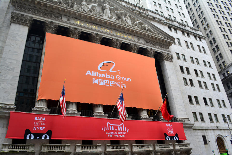 New York City, USA - November 11, 2015: Banner on the New York Stock Exchange as the e commerce company Alibaba records record Single's Day sales in New York City on November 11, 2015. 