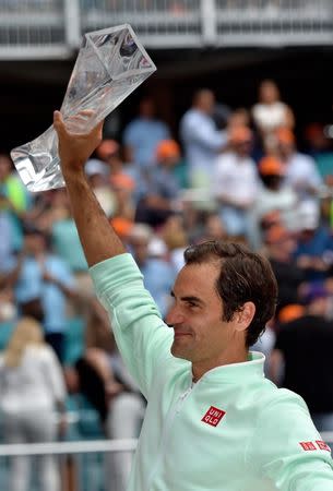 Mar 31, 2019; Miami Gardens, FL, USA; Roger Federer of Switzerland celebrates with the trophy after defeating John Isner of the United States (not pictured) during the men’s finals at the Miami Open at Miami Open Tennis Complex. Steve Mitchell-USA TODAY Sports