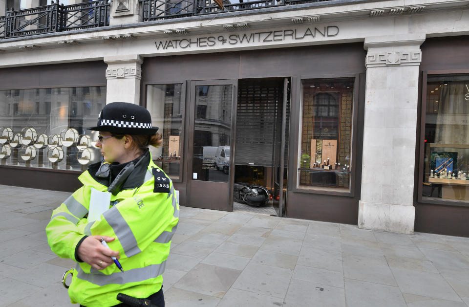 A scooter inside Watches of Switzerland on London's Regent Street after raiders on scooters armed with knives and hammers entered the store and stole several items of property. (Photo by John Stillwell/PA Images via Getty Images)