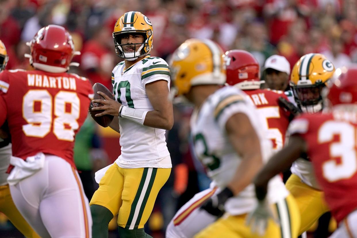 Green Bay Packers quarterback Jordan Love's first NFL start was on Nov. 7, 2021, against the Kansas City Chiefs at Arrowhead Stadium. Love filled in for Aaron Rodgers, who was sidelined by COVID. The Packers lost 13-7.