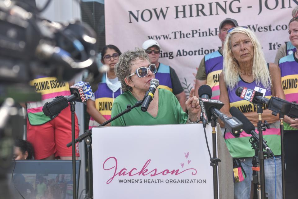 Diane Derzis, CEO of the Jackson Women's Health Organization, speaks at the press conference held by the organization after the U.S. Supreme Court overturned Roe v. Wade in Jackson, Miss., Friday, June 24, 2022.