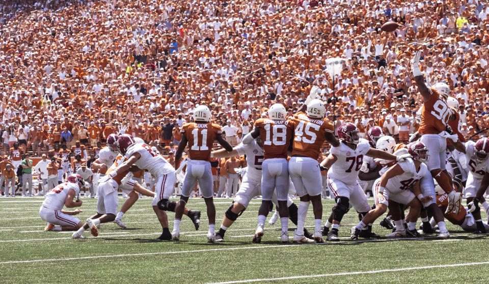 Alabama placekicker Will Reichard kicks the winning field goal during the second half an NCAA college football game against Texas, Saturday, Sept. 10, 2022, in Austin, Texas. Alabama won 20-19. (AP Photo/Michael Thomas)