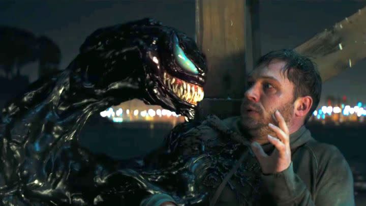 Venom terrorizes Eddie Brock in "Venom."