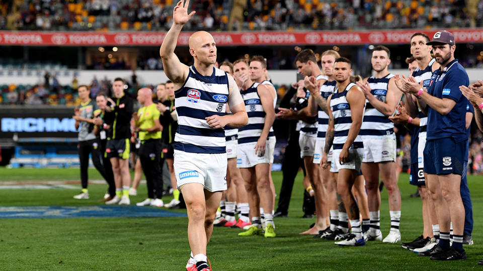 Gary Ablett farewells fans after the 2020 AFL Grand Final. (Photo by Bradley Kanaris/AFL Photos/via Getty Images)