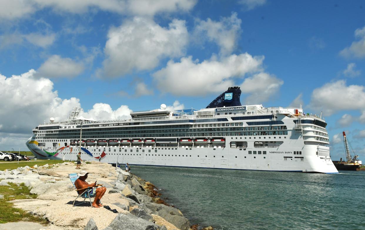 Norwegian Cruise Line ship Norwegian Dawn arrives at Port Canaveral.