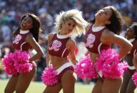 <p>Washington Redskins cheerleaders perform in the first half of an NFL football game between the Redskins and the Philadelphia Eagles, Sunday, Oct. 16, 2016, in Landover, Md. (AP Photo/Alex Brandon) </p>