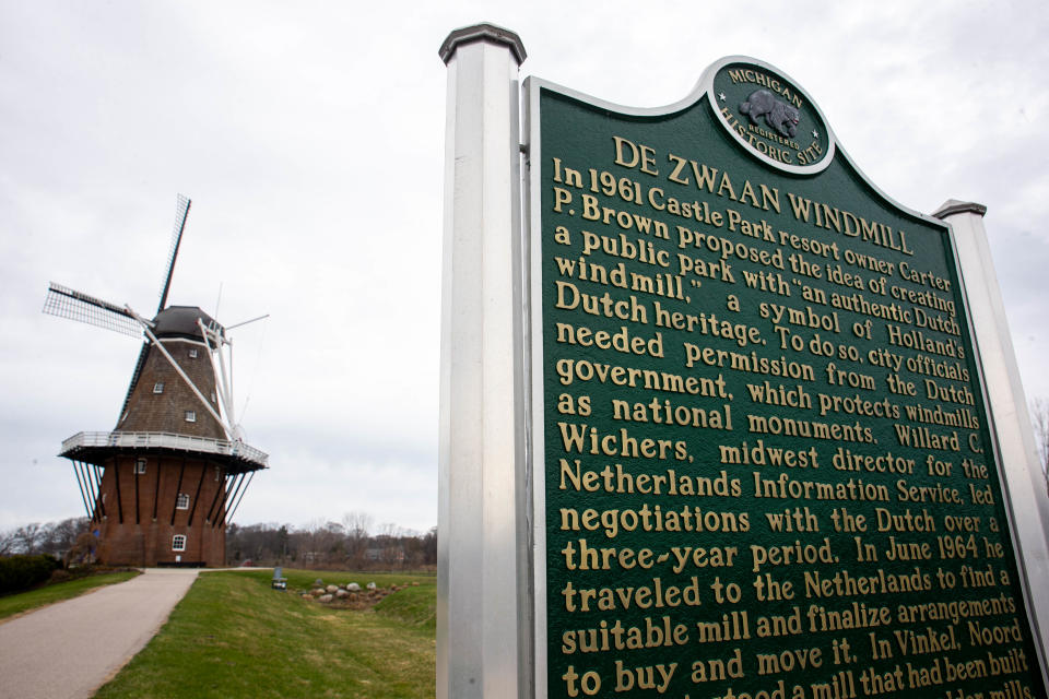 The De Zwaan Windmill stands Monday, April 11, 2022, at Windmill Island Gardens in Holland. 