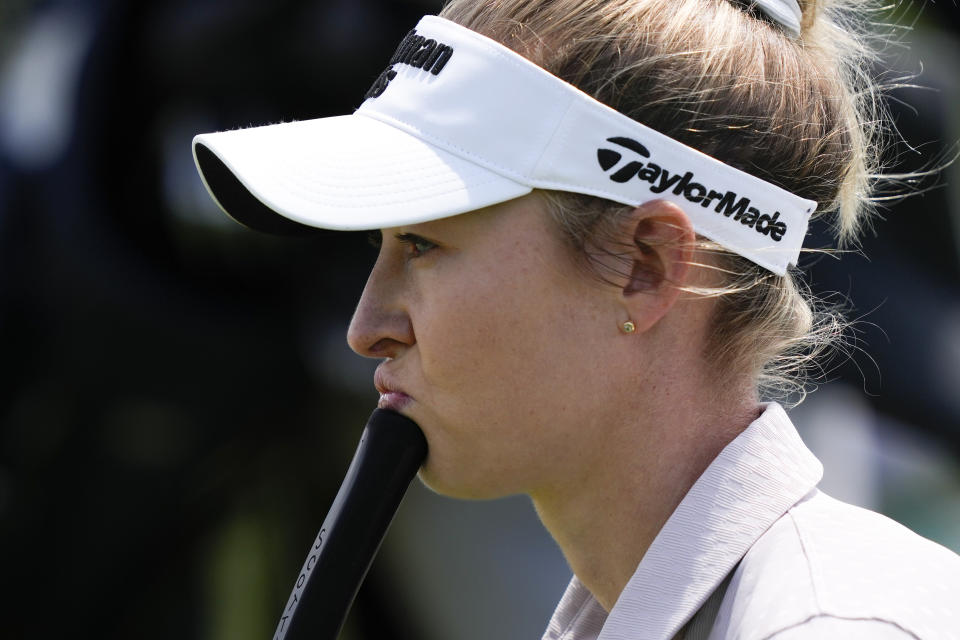 Nelly Korda measures her putt on the second green during the first round of the U.S. Women's Open golf tournament at Lancaster Country Club, Thursday, May 30, 2024, in Lancaster, Pa. (AP Photo/Matt Rourke)