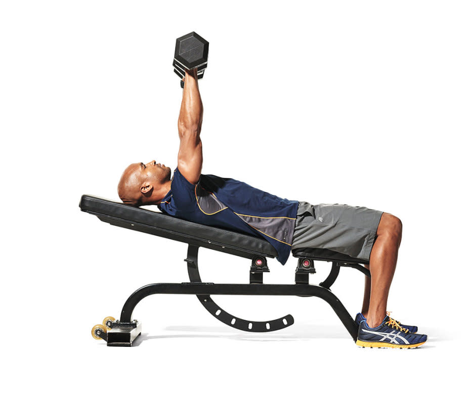 <p>James Michelfelder</p>How to Do It<ol><li>Set an adjustable bench to no higher than a 30-degree angle and lie back against it with a dumbbell in each hand or a loaded barbell at shoulder level, to start. Note: If you're just getting back into training or starting your fitness journey, start with dumbbells. Once you get stronger, advance to a barbell, which will add more size to your chest.</li><li>Begin with the weight pressed over your chest. Follow a 3-0-1-0 tempo in which you lower the weight toward your chest for three seconds, don't pause, then press the weight up in one second, driving through your feet and exhaling at the top of the effort. That's 1 rep. Immediately descend into the next rep.</li></ol>