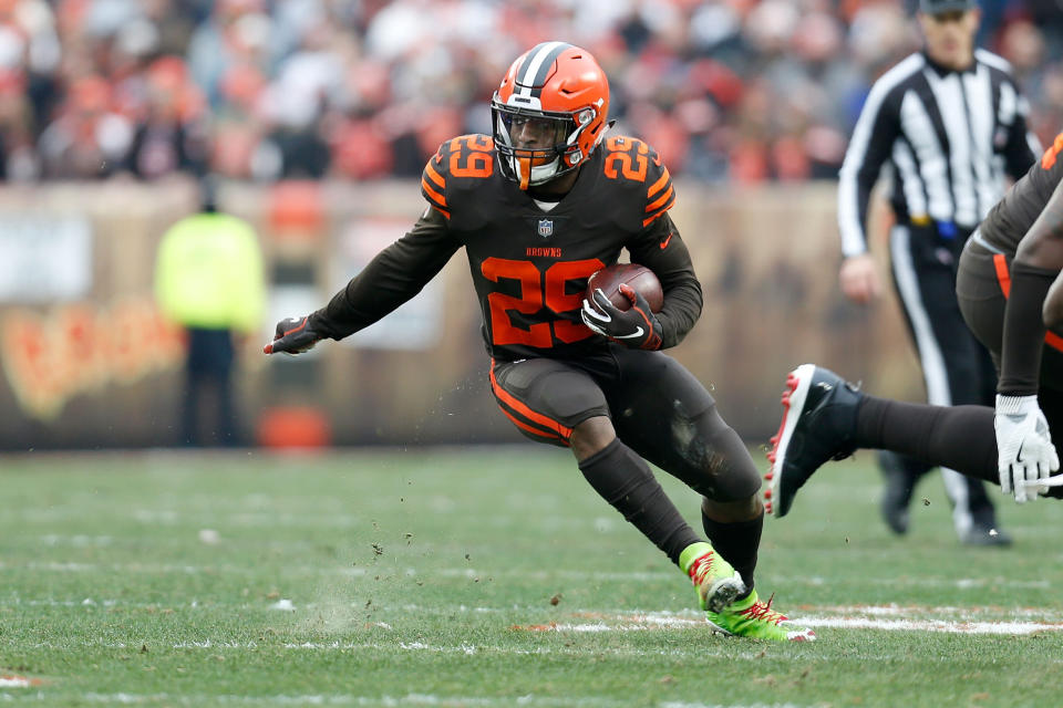 CLEVELAND, OH - DECEMBER 23:  Duke Johnson Jr. #29 of the Cleveland Browns runs with the ball during the game against the Cincinnati Bengals at FirstEnergy Stadium on December 23, 2018 in Cleveland, Ohio. (Photo by Kirk Irwin/Getty Images)