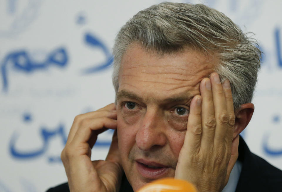 <p> Filippo Grandi UN High Commissioner for Refugees, Listens to a journalist question during a press conference, in Beirut, Lebanon, Friday, Aug. 31, 2018. Grandi says a potential military offensive in the last rebel stronghold in Syria threatens to cause fresh displacement as well as discouraging refugees against returning home. (AP Photo/Hussein Malla) </p>