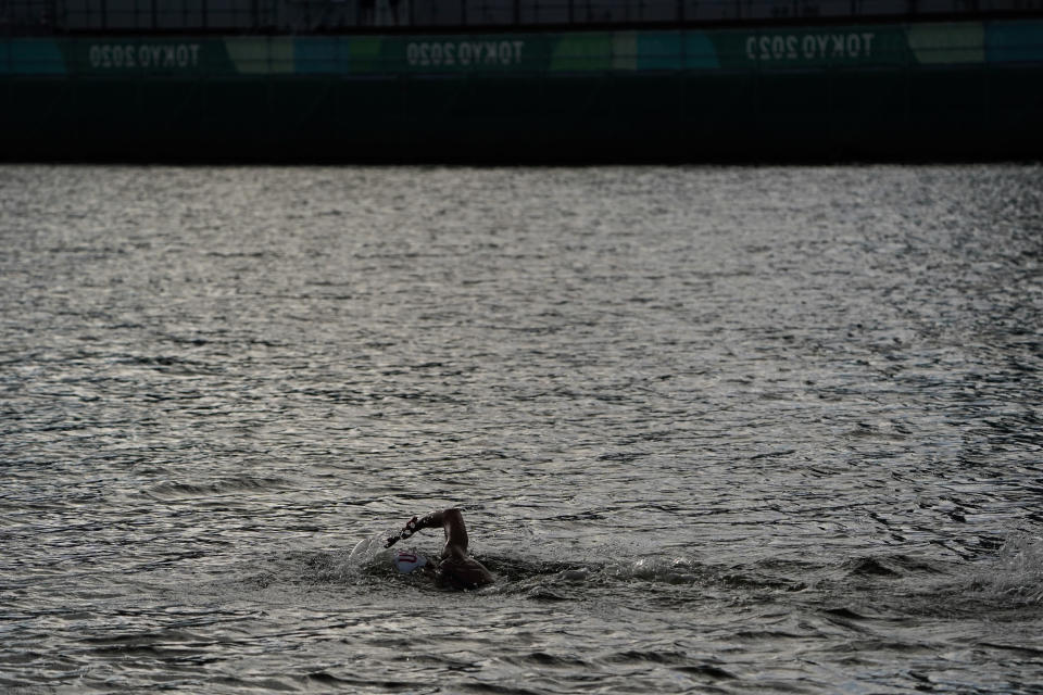 Ashley Twichell, of the United States, competes in the women's marathon swimming event at the 2020 Summer Olympics, Wednesday, Aug. 4, 2021, in Tokyo, Japan. (AP Photo/Jae C. Hong)