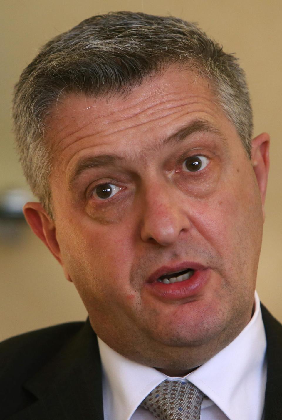 Filippo Grandi, the Commissioner General of UNRWA, speaks during an interview with the Associated Press, in Beirut, Lebanon, Tuesday, Feb. 25, 2014. A day after a rare visit to the besieged Palestinian camp of Yarmouk in Damascus, the chief of the United Nations relief agency supporting Palestinian refugees welcomed last week’s U.N. Security Council resolution calling for immediate access for humanitarian aid to all areas of Syria. Grandi said in Beirut that the resolution, unanimously adopted by the security council, “gives us a tool to argue in favor of access that is stronger than any other tool we’ve ever had before in Syria.” (AP Photo/Hussein Malla,Pool)