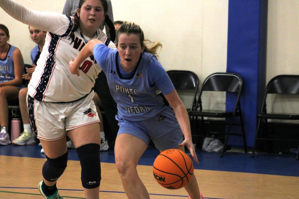 Ponte Vedra guard Morgan Gavazzi (1) penetrates along the baseline during the Insider Exposure Thanksgiving Classic high school girls basketball tournament against Valor Christian on Nov. 22.