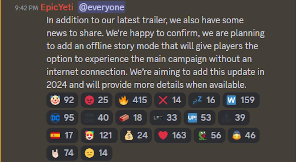 In addition to our latest trailer, we also have some news to share. We're happy to confirm, we are planning to add an offline story mode that will give players the option to experience the main campaign without an internet connection. We’re aiming to add this update in 2024 and will provide more details when available.