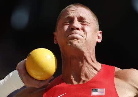 Trey Hardee of the U.S. competes in the men's decathlon shot put event during the 15th IAAF World Championships at the National Stadium in Beijing, China August 28, 2015. REUTERS/Phil Noble