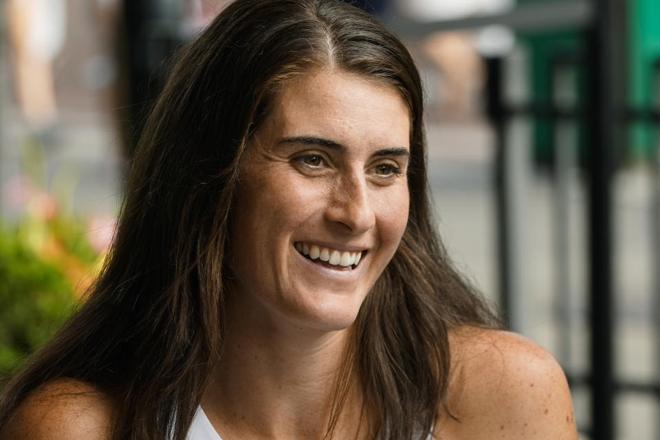 Rebecca Marino, of Canada, speaks during an interview with The Associated Press during the second round of the U.S. Open tennis championships, Wednesday, Aug. 31, 2022, in New York. (AP Photo/Frank Franklin II)