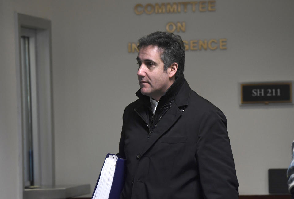 Michael Cohen, President Donald Trump's former personal attorney, leaves Capitol Hill in Washington, Thursday, Feb. 21, 2019. The Senate intelligence committee will interview Cohen behind closed doors on Feb. 26, according to a person familiar with the matter. (AP Photo/Susan Walsh)