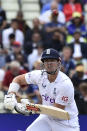 England's Alex Lees plays a shot during the fourth day of the fifth cricket test match between England and India at Edgbaston in Birmingham, England, Monday, July 4, 2022. (AP Photo/Rui Vieira)