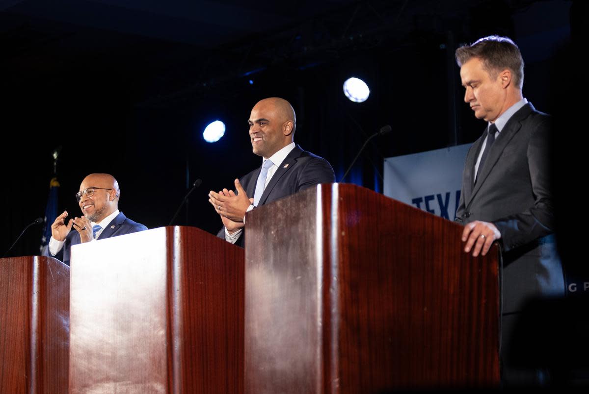 Candidates running for the U.S. Senate in the Texas Democratic primary participate in a debate in Austin on Sunday, Jan. 28, 2024. From left: state Rep. Carl Sherman, D-DeSoto; U.S. Rep. Colin Allred, D-Dallas; and state Sen. Roland Gutierrez, D-San Antonio.