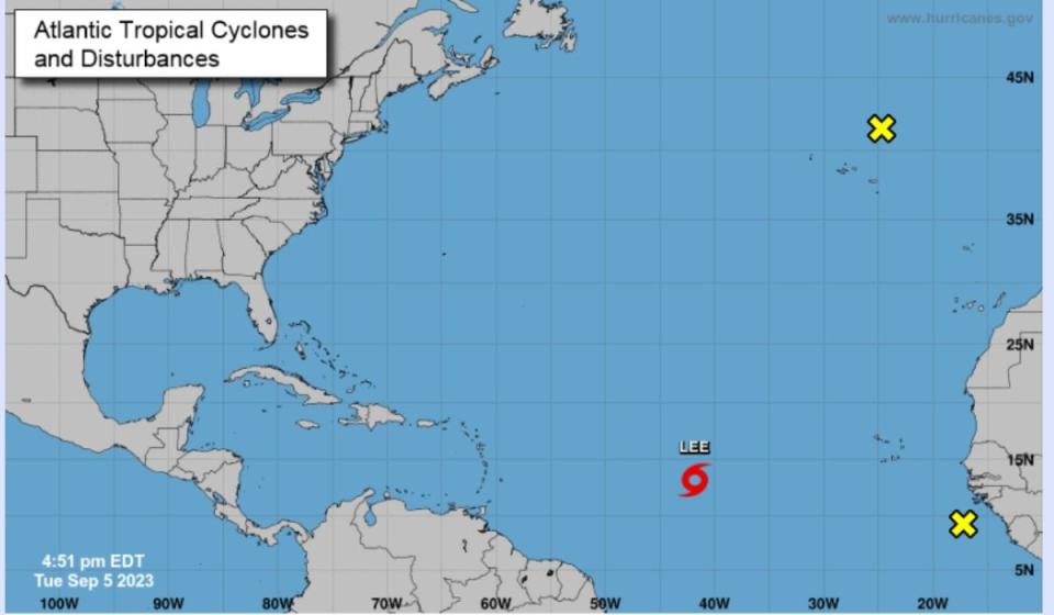 Huracán Lee se formaría este fin de semana en el Atlántico. Imagen: Centro de huracanes de Estados Unidos.