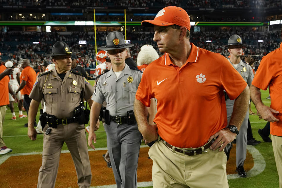 Clemson head coach Dabo Swinney walks off the field after an NCAA college football game against Miami, Saturday, Oct. 21, 2023, in Miami Gardens, Fla. (AP Photo/Lynne Sladky)