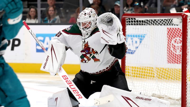 Goaltender Connor Ingram (39) stops a shot on goal during a game against the San Jose Sharks in San Jose, Calif., Sunday, April 7, 2024.