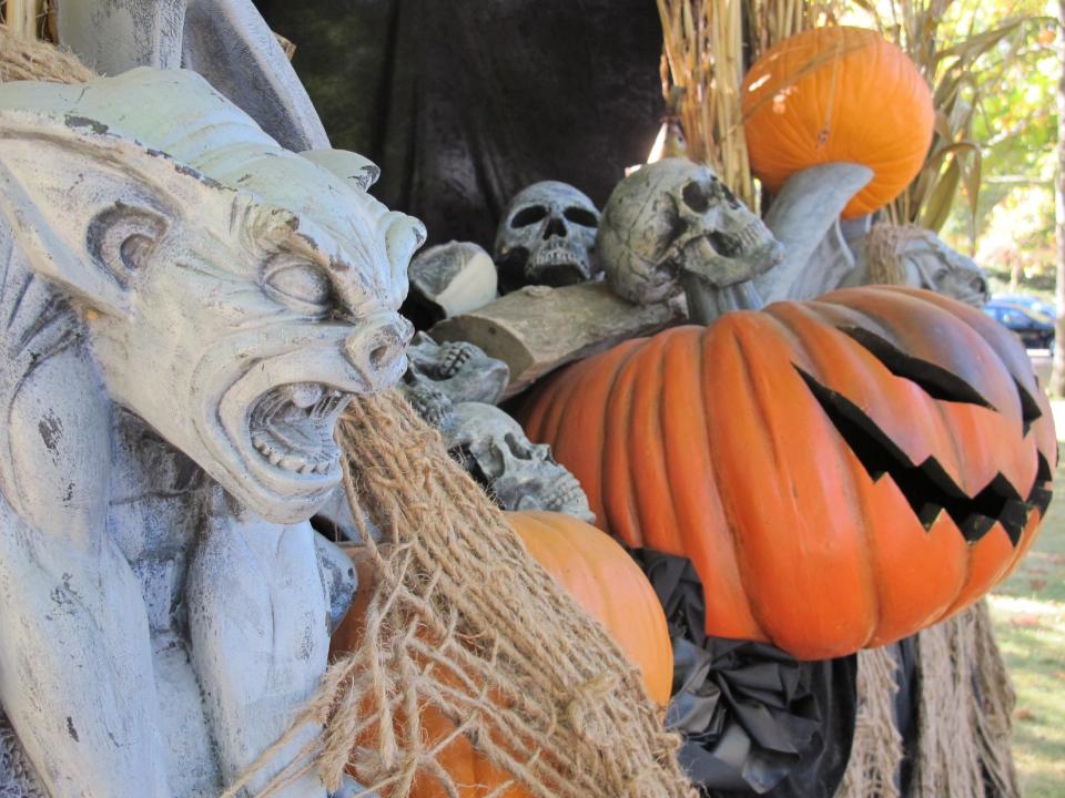 This Oct. 18, 2013 photo, a Halloween display greets visitors to Philipsburg Manor in Sleepy Hollow, N.Y. The village of Sleepy Hollow is even busier than usual this Halloween, thanks to a new "Sleepy Hollow" TV series inspired by the tale of the Headless Horseman. (AP Photo/Jim Fitzgerald)