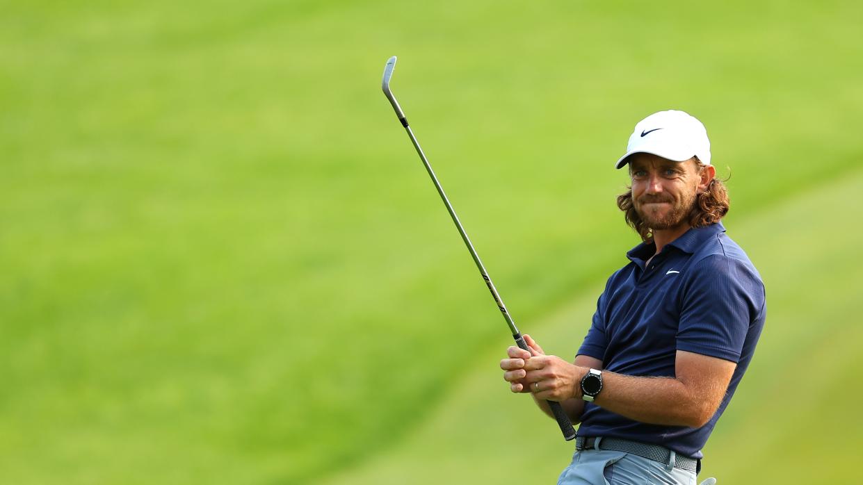  Tommy Fleetwood reacts to his chip to the 18th green during the PGA Championship. 