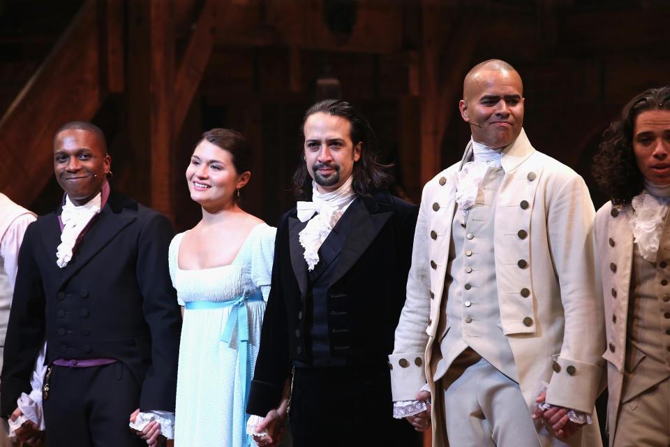 The cast of "Hamilton" taking bows onstage