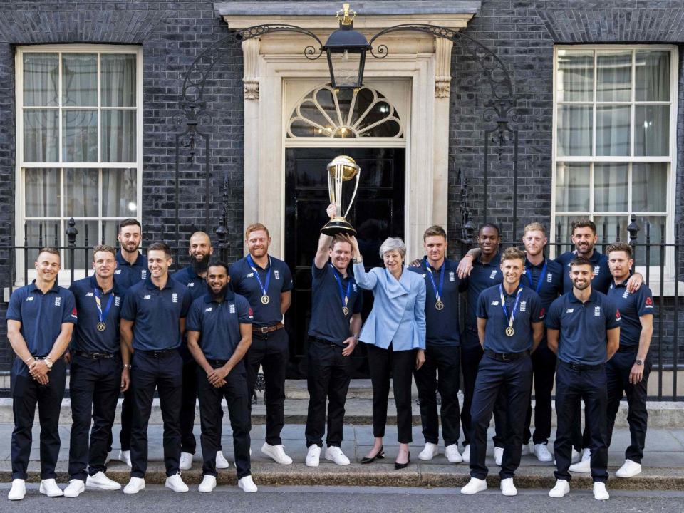 Eoin Morgan demonstrated his leadership skills by stopping the England cricket team chanting “Allez Allez Allez” at 10 Downing Street, according to reports.The captain stepped in to urge his players to be quiet when they launched into the song celebrating their World Cup win against New Zealand.“Look guys, we’ve got to calm it,” he told them, according to The Daily Telegraph’s account of the reception held by outgoing prime minister Theresa May.The captain may have wanted to prevent a repeat of the scenes at Downing Street the day after the Ashes victory in 2005.On that occasion Michael Vaughan’s squad – including Kevin Pietersen and Andrew Flintoff – looked the worse for wear when they arrived to meet Tony Blair, his wife Cherie and children Euan and Nicky.Matthew Hoggard later admitted that he had called the Labour PM as “knob” as they stepped outside for photographs, while Vaughan claimed he recruited Euan to buy them some more beer.“I don’t remember much of it, to be honest,” Pietersen recalled. “I don’t even remember shaking the Prime Minister’s hand.”Monday’s reception saw Ms May praise the team for representing modern Britain and inspiring “countless future Morgans, Rashids and Archers”.“When the odds were against you in the biggest game of your lives, you simply and stubbornly refused to lose,” she told them.“It is that determination, that character, that has made you world champions. But more than that, you have made history. You have helped the nation fall in love with cricket once again.”The team were then photographed lifting the World Cup with the prime minister outside the doors of Number 10.“It was nothing like in 2005,” according to an unnamed source quoted in the Telegraph. ”Everything was in good spirits and it was a fantastic day for English cricket.“There was certainly no danger of any rude words being uttered in that song and Eoin quickly told them to calm it.”The lyrics to the team’s version of the stadium chant include: “Our captain is Morgan, taking the cap forward, as the World Champions, Allez, Allez, Allez”.